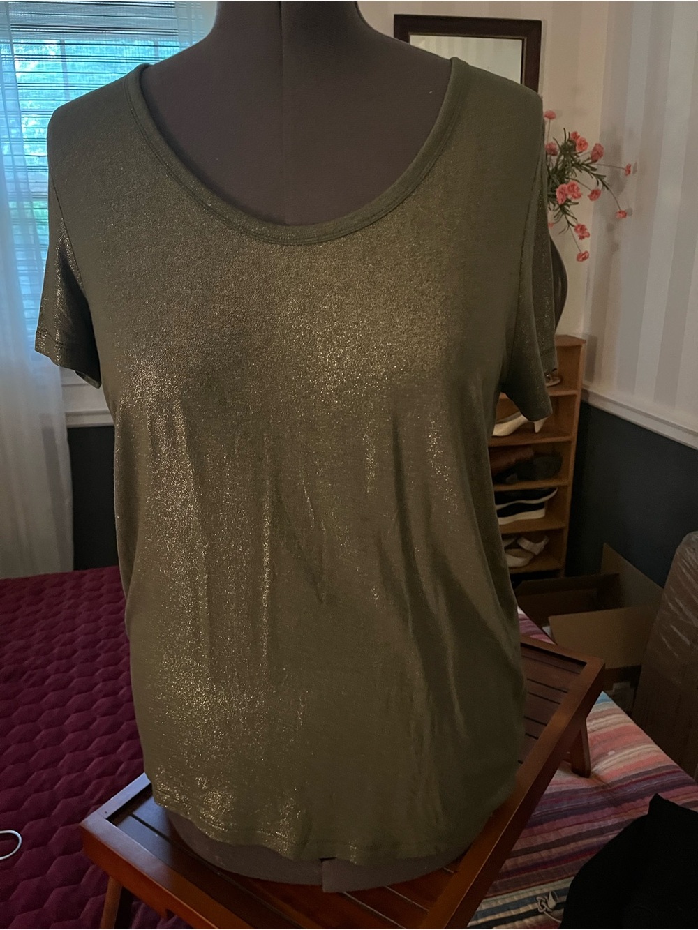 a new day Olive Green Shimmery V-Neck Short Sleeve Top